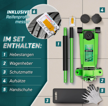 Wagenheber hydraulisch, 3 t. flach 75 - 510mm Hubhöhe mit Doppelkolben; grün